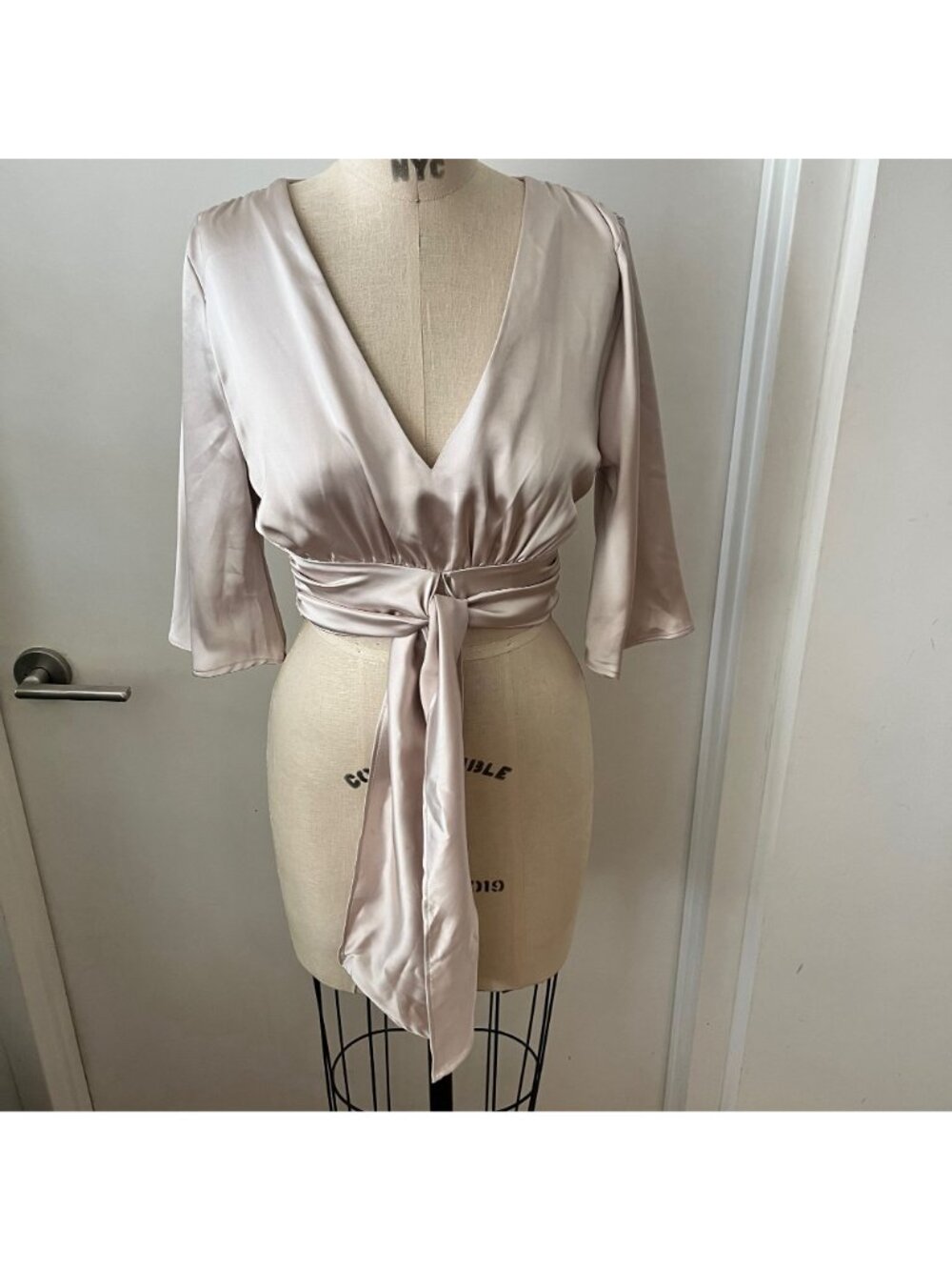 ZARA Silver Satin Cropped Blouse with Bell Sleeves, and Low V-Neck  Size XS - Picture 2 of 7